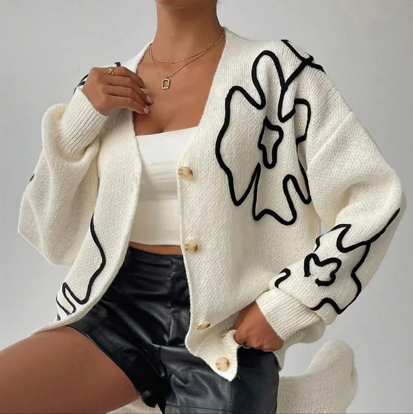 Sweaters - Floral Pattern Drop Shoulder Cardigan